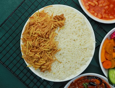 A dish of rice and stew