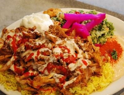 Chicken shawarma meal with yellow rice