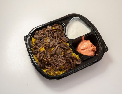 Beef shawarma meal with yellow rice